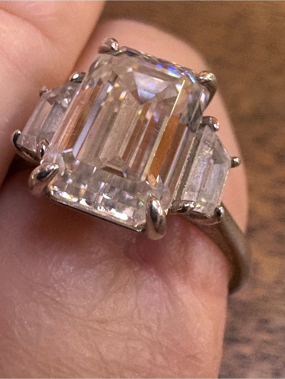 Classic Emerald-Cut Three-Stone Clear Moissanite  Ring - silver setting